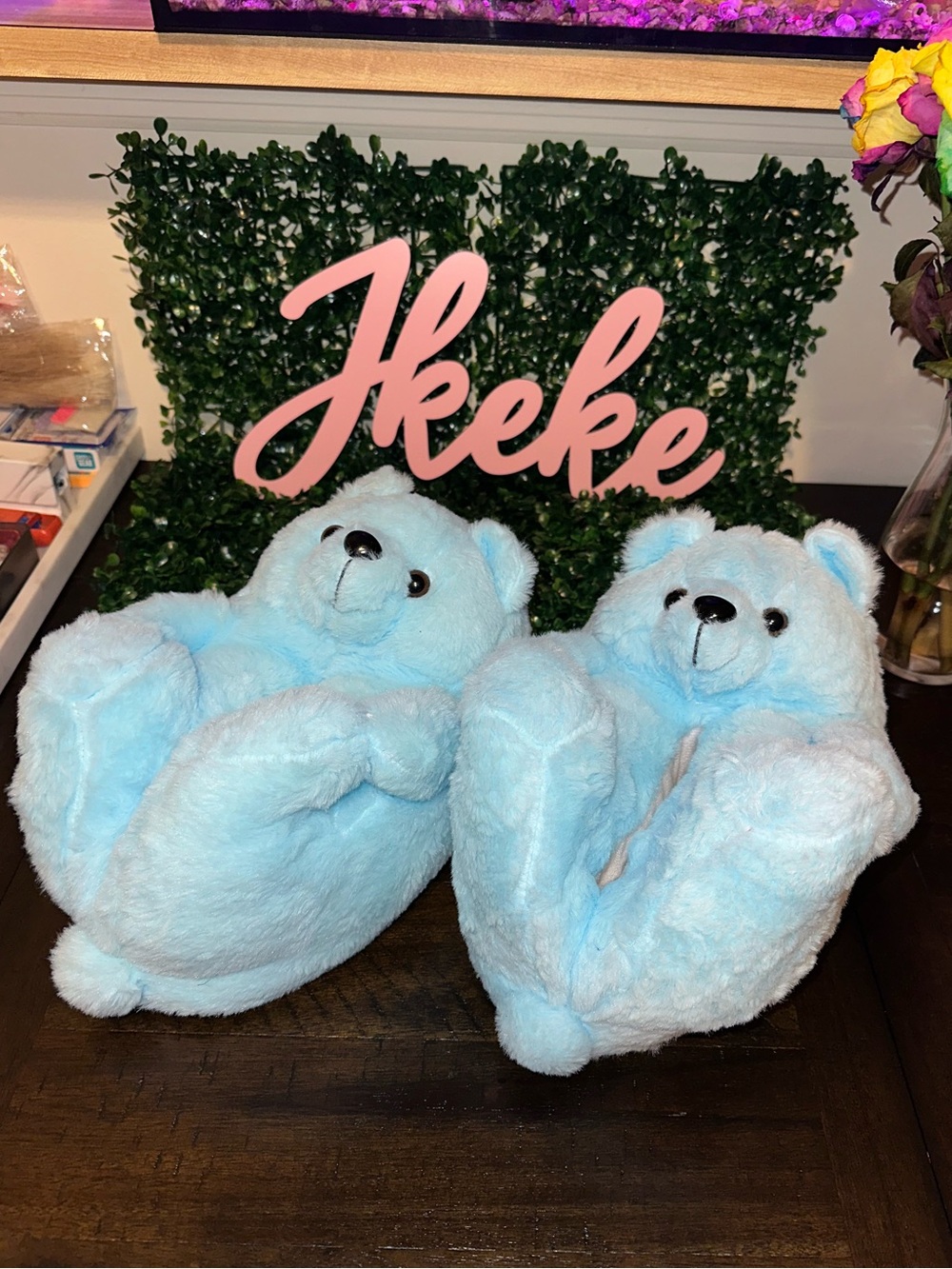 Plush Blue Bear Slippers—One Size